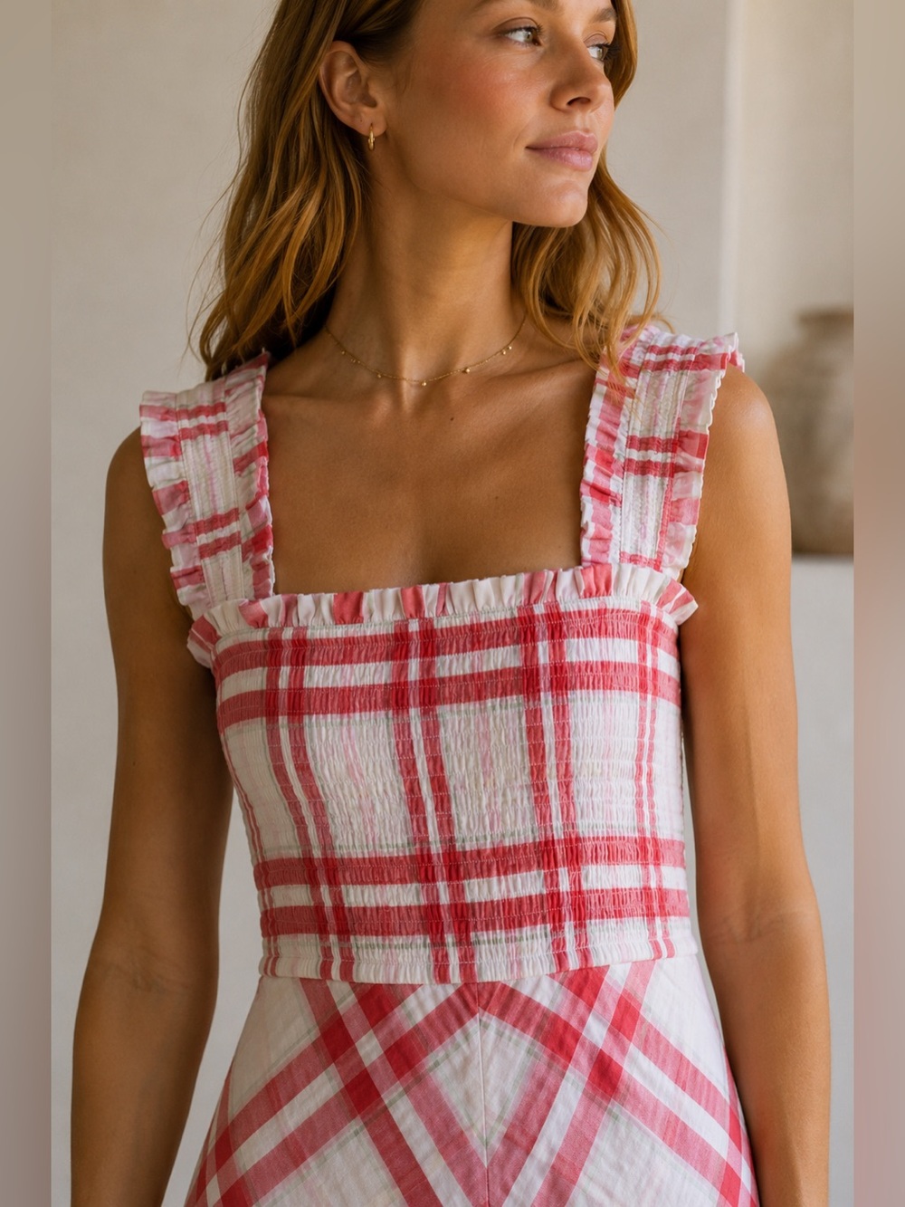 Ganni Red and White Seersucker Checkered Maxi Dress Size 40 - Picture 3 of 15